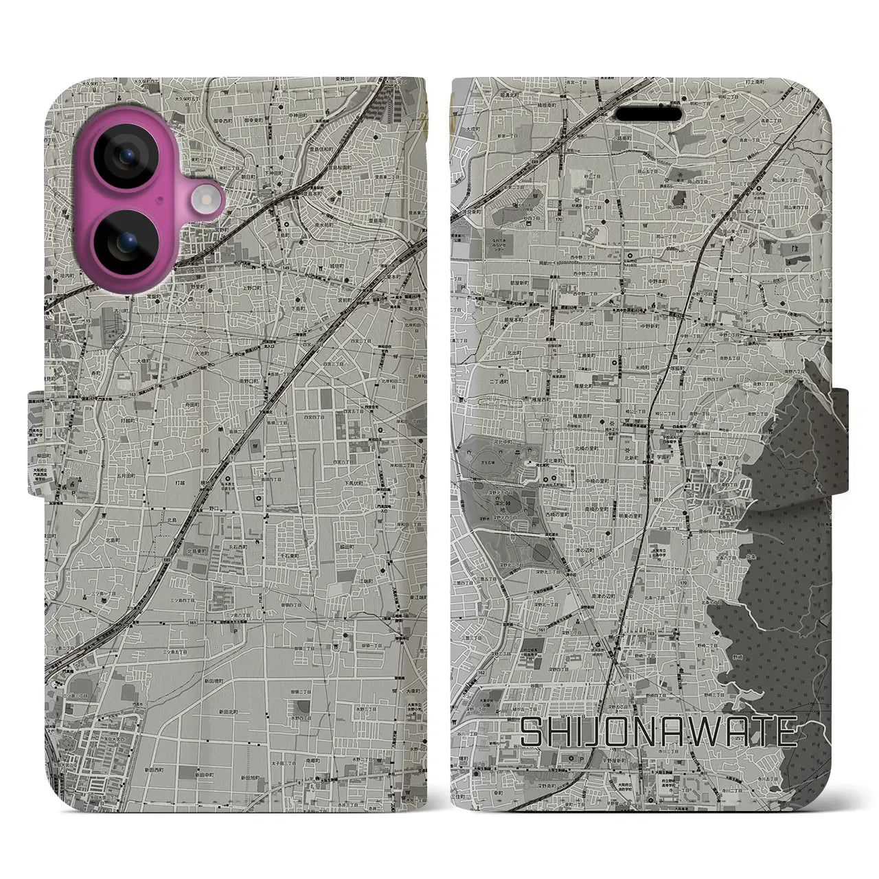 【四条畷(大阪府)】地図柄iPhoneケース(手帳タイプ)モノトーン・iPhone 16 Pro 用