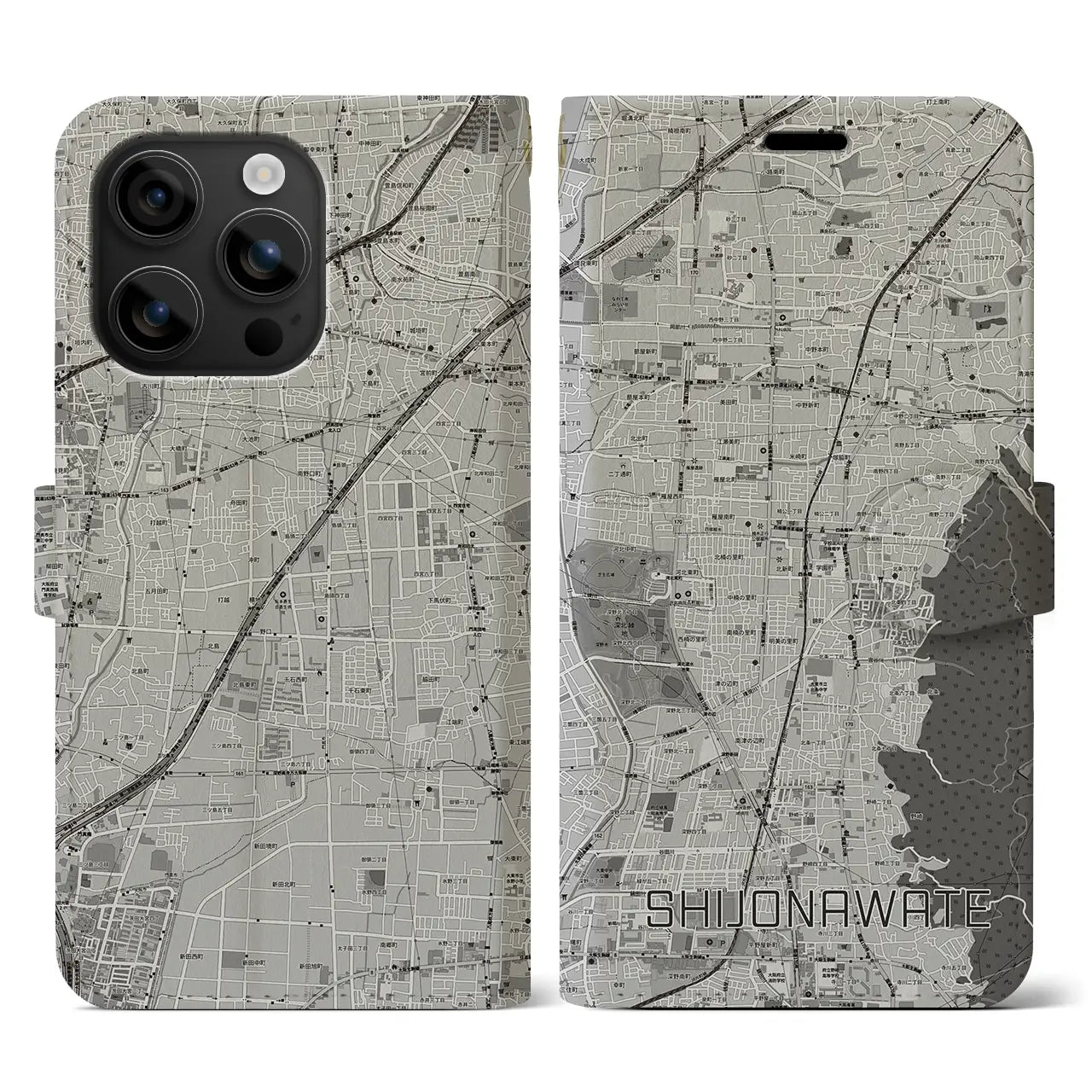 【四条畷(大阪府)】地図柄iPhoneケース(手帳タイプ)モノトーン・iPhone 16 用