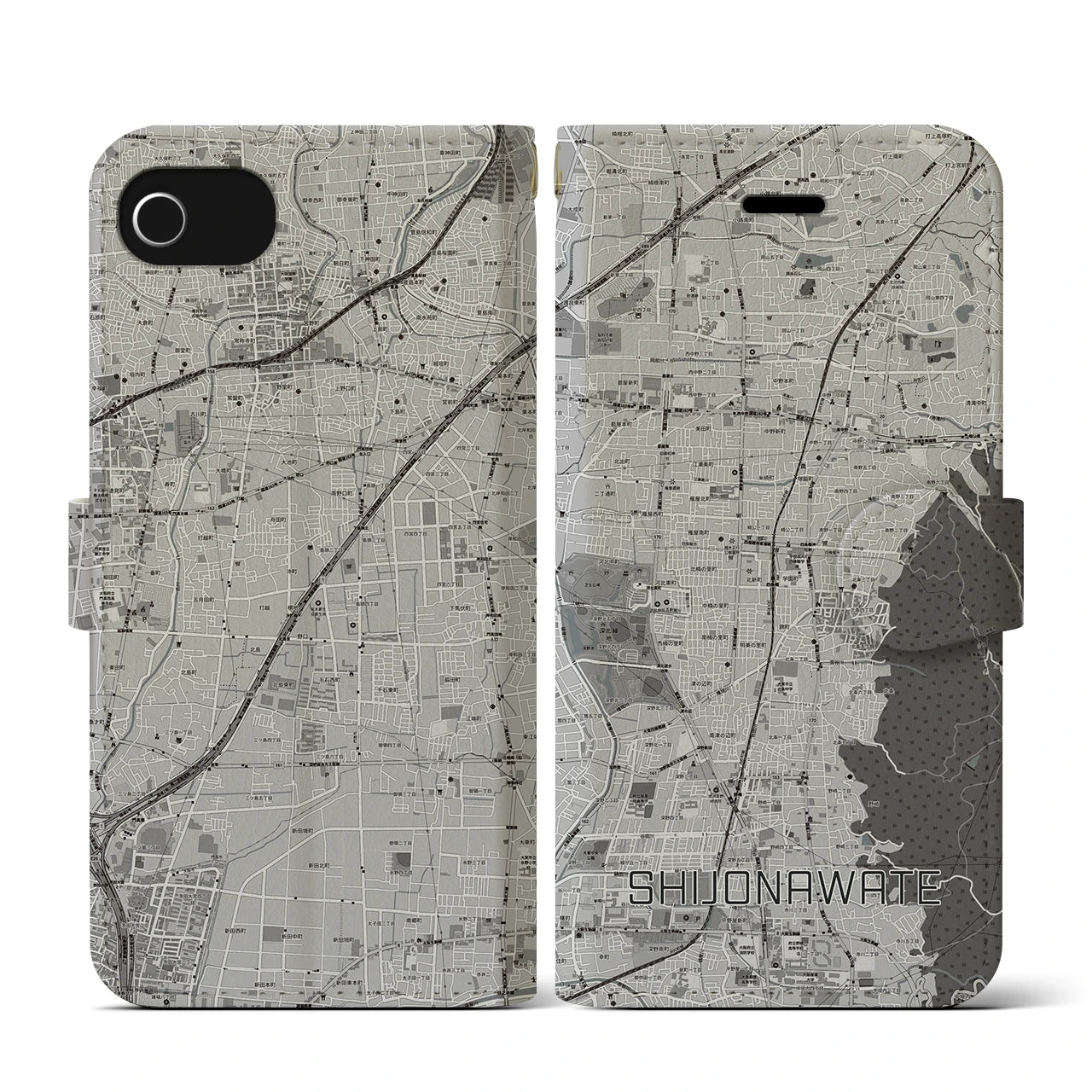 【四条畷(大阪府)】地図柄iPhoneケース(手帳タイプ)モノトーン・iPhone SE(第3 / 第2世代) / 8 / 7 / 6s / 6 用