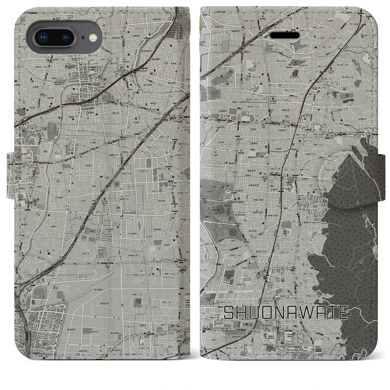 【四条畷(大阪府)】地図柄iPhoneケース(手帳タイプ)モノトーン・iPhone 8Plus /7Plus / 6sPlus / 6Plus 用