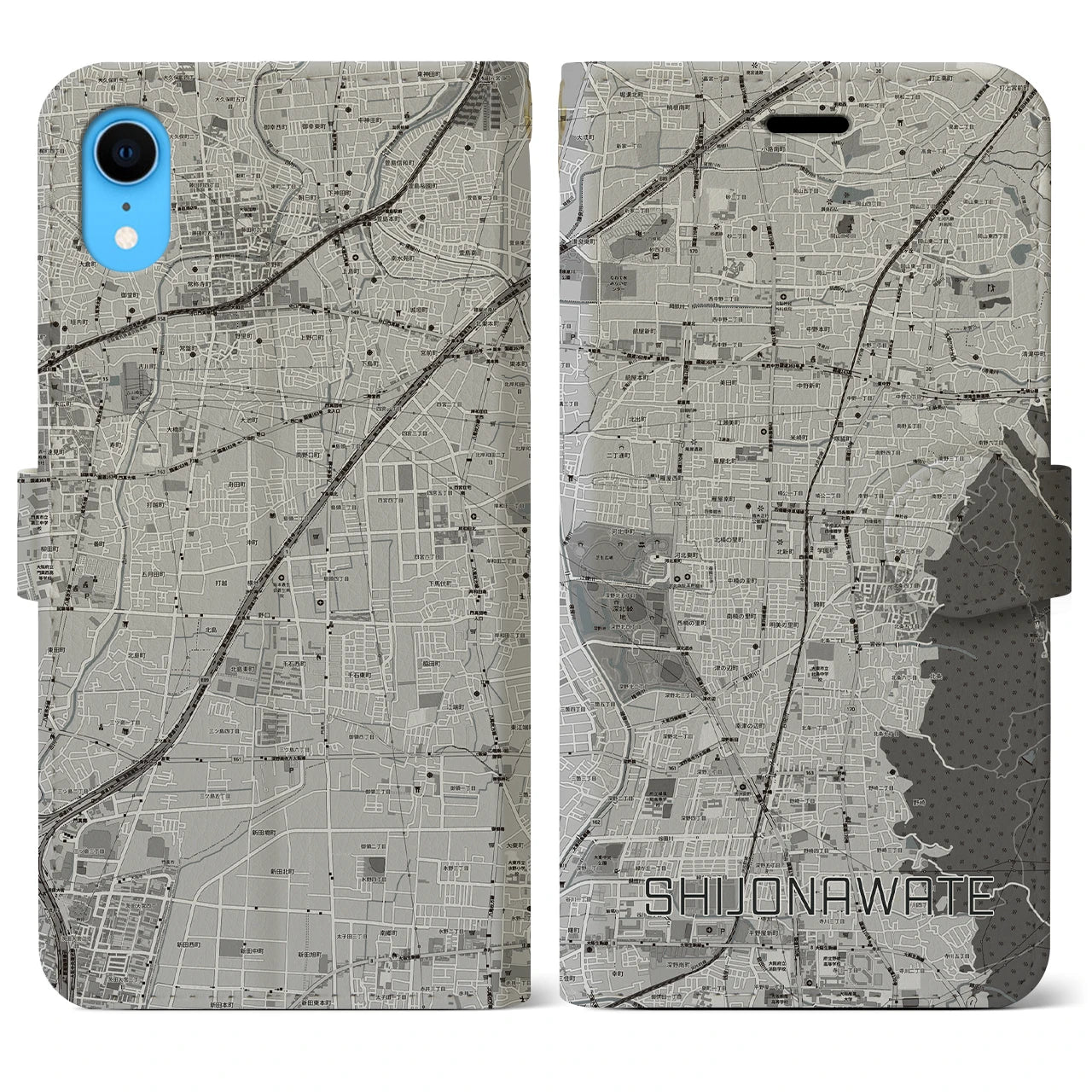 【四条畷(大阪府)】地図柄iPhoneケース(手帳タイプ)モノトーン・iPhone XR 用