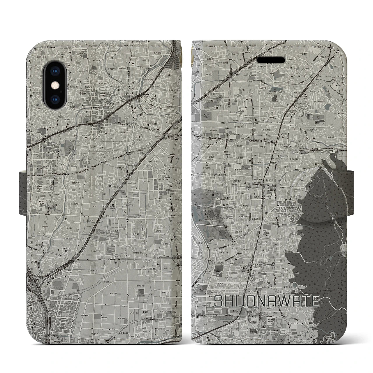 【四条畷(大阪府)】地図柄iPhoneケース(手帳タイプ)モノトーン・iPhone XS / X 用