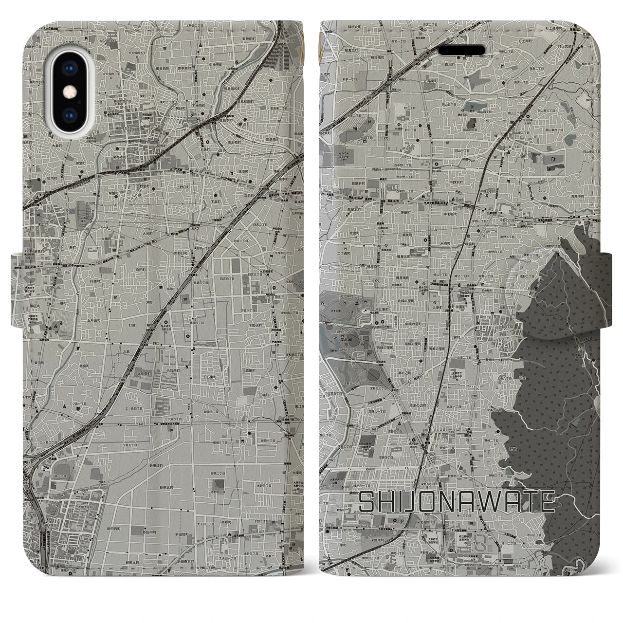 【四条畷(大阪府)】地図柄iPhoneケース(手帳タイプ)モノトーン・iPhone XS Max 用