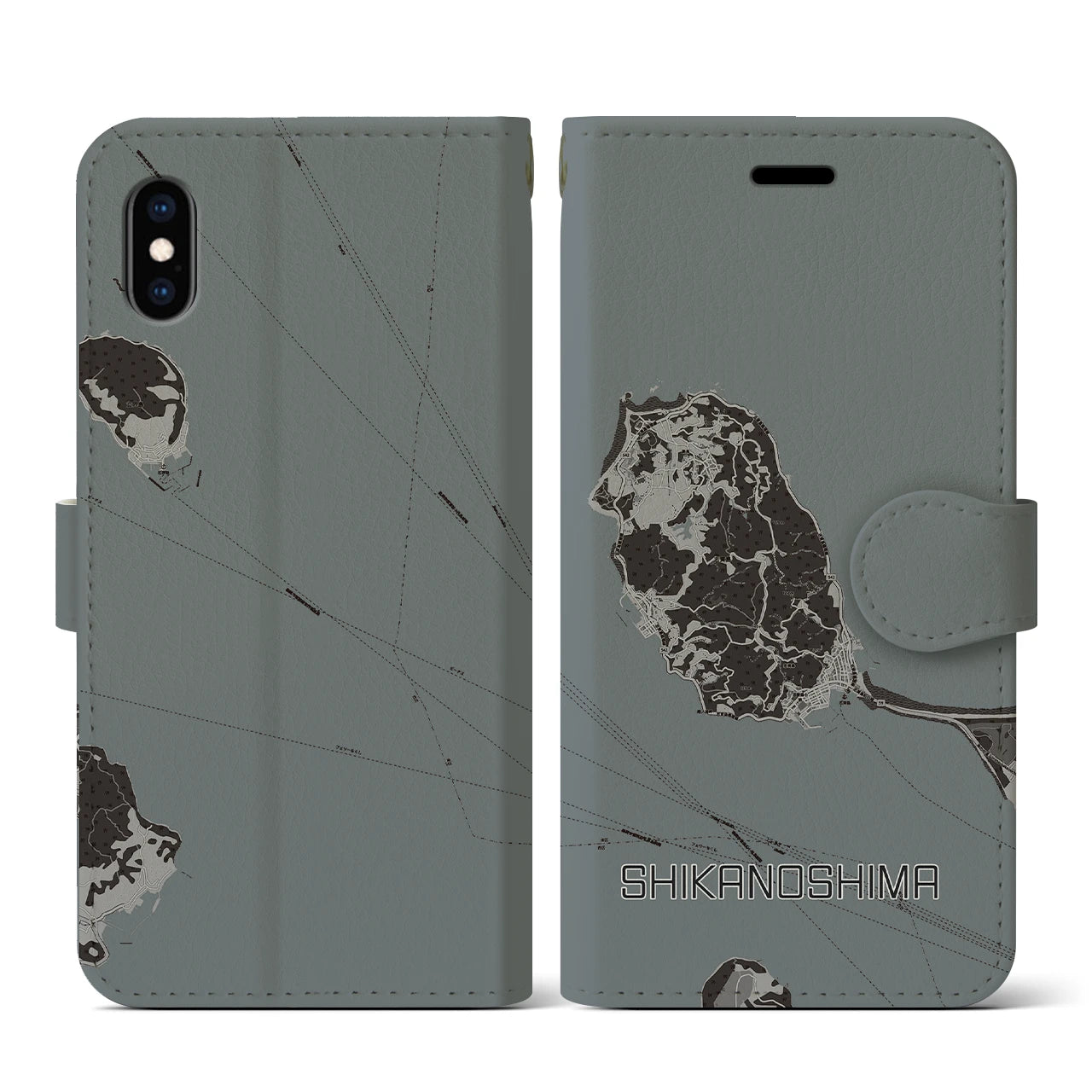 【志賀島(福岡県)】地図柄iPhoneケース(手帳タイプ)モノトーン・iPhone XS / X 用