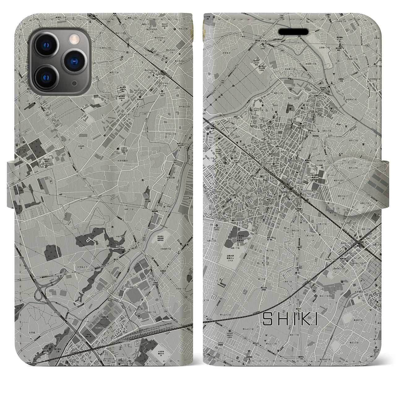 【志木(埼玉県)】地図柄iPhoneケース(手帳タイプ)モノトーン・iPhone 11 Pro Max 用