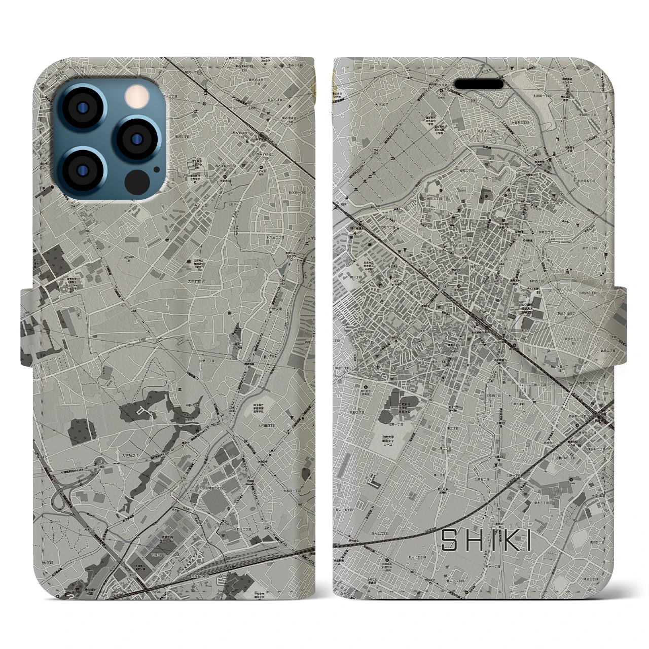 【志木(埼玉県)】地図柄iPhoneケース(手帳タイプ)モノトーン・iPhone 12 / 12 Pro 用
