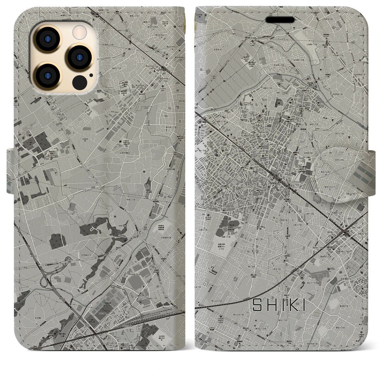 【志木(埼玉県)】地図柄iPhoneケース(手帳タイプ)モノトーン・iPhone 12 Pro Max 用