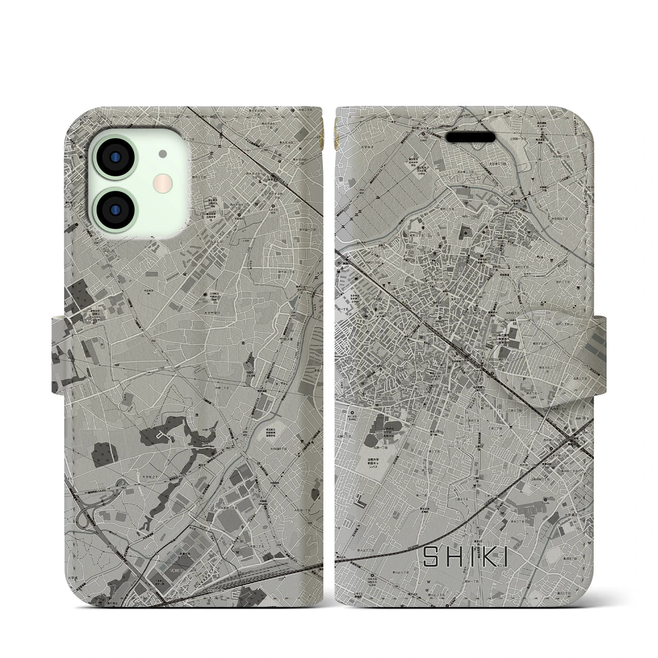 【志木(埼玉県)】地図柄iPhoneケース(手帳タイプ)モノトーン・iPhone 12 mini 用