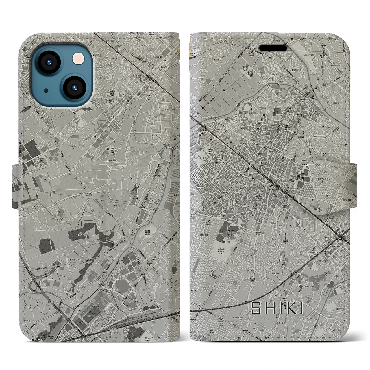 【志木(埼玉県)】地図柄iPhoneケース(手帳タイプ)モノトーン・iPhone 13 用