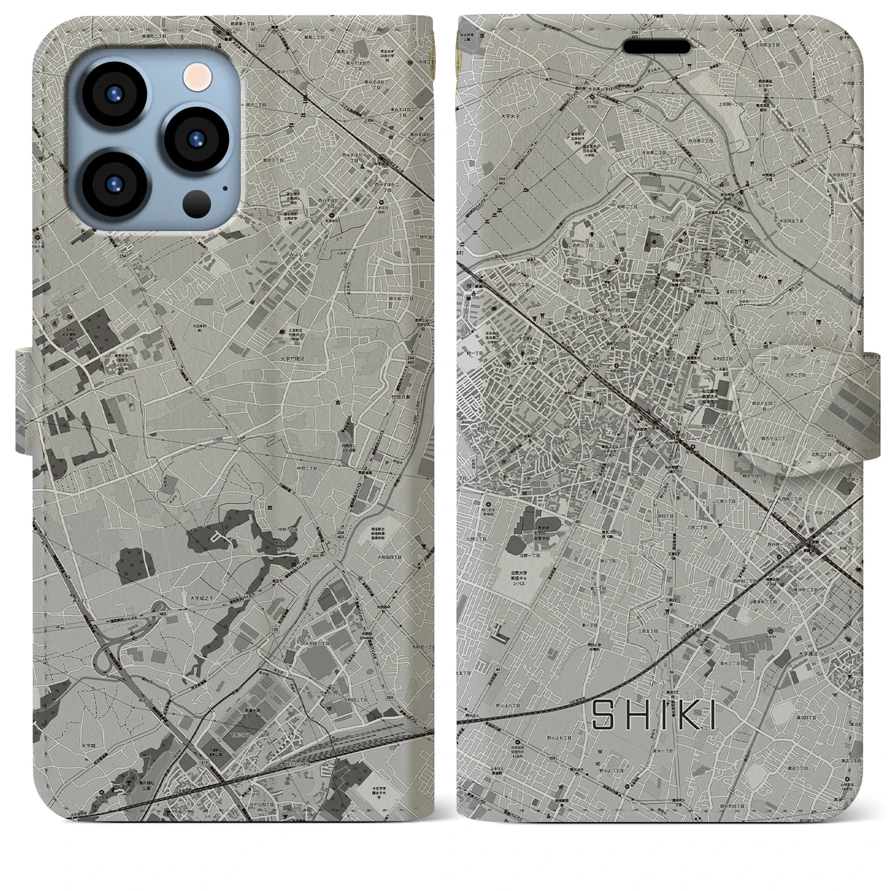 【志木(埼玉県)】地図柄iPhoneケース(手帳タイプ)モノトーン・iPhone 13 Pro Max 用