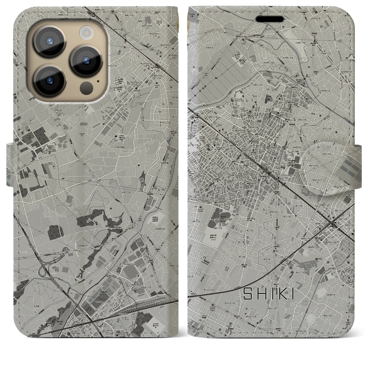 【志木(埼玉県)】地図柄iPhoneケース(手帳タイプ)モノトーン・iPhone 14 Pro Max 用