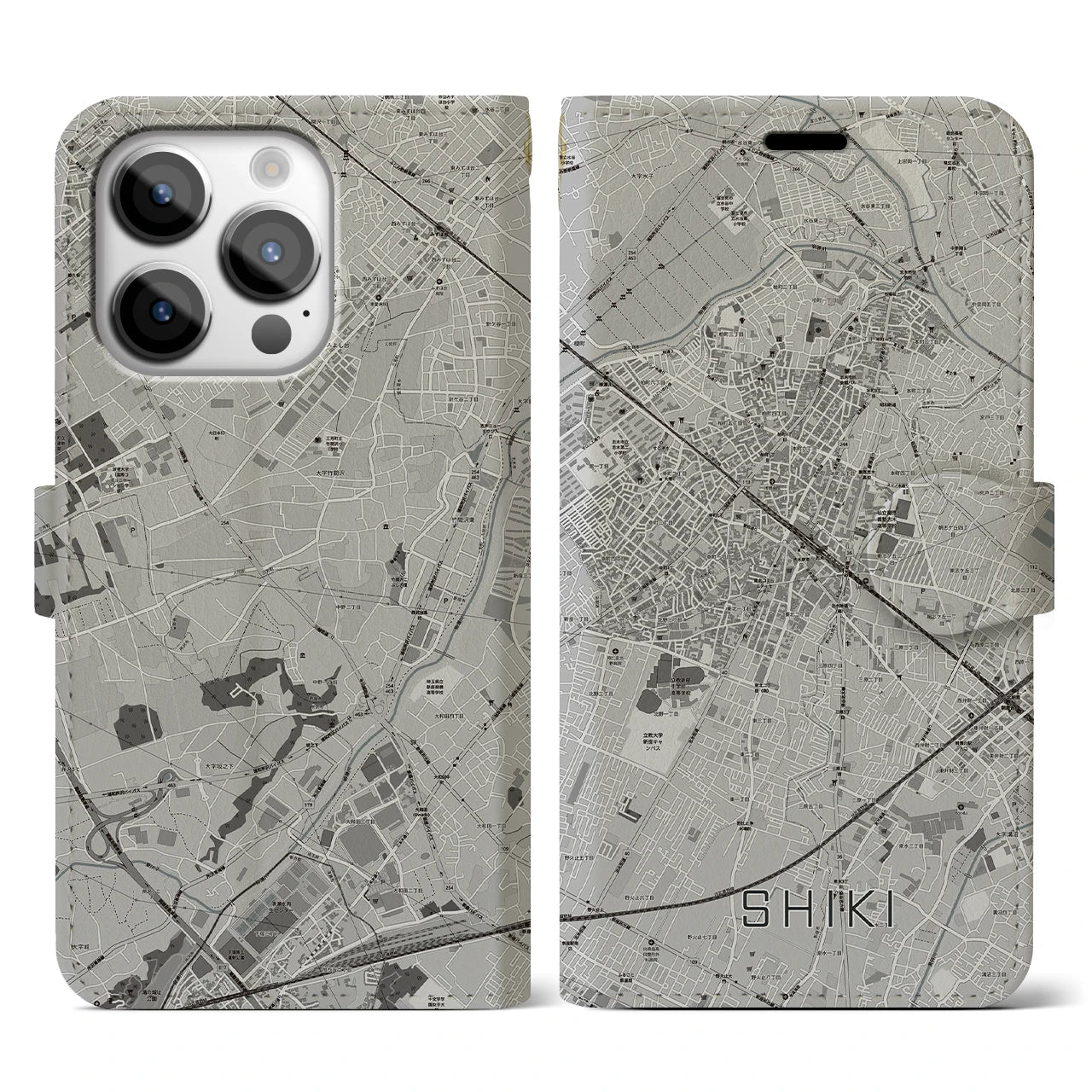 【志木(埼玉県)】地図柄iPhoneケース(手帳タイプ)モノトーン・iPhone 14 Pro 用