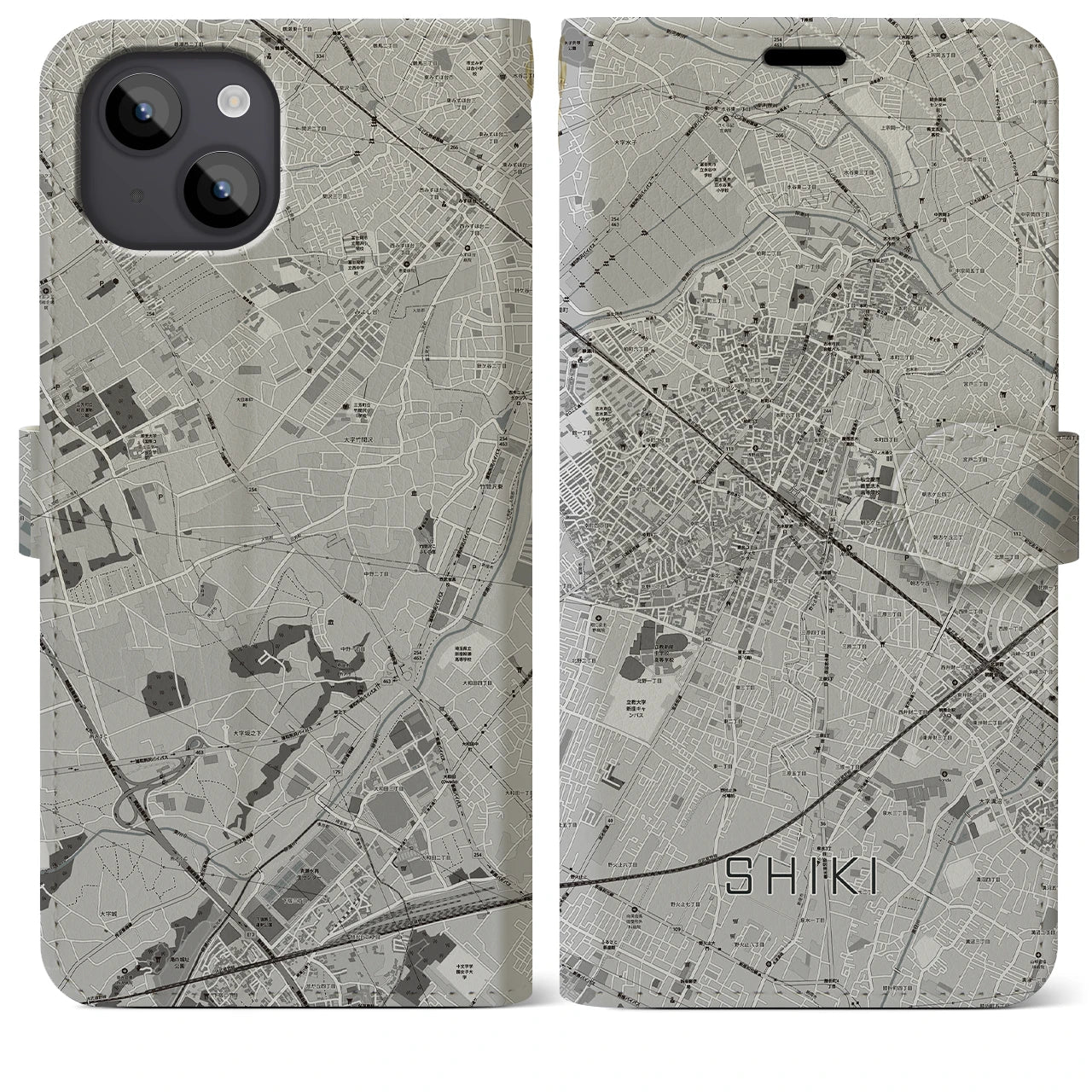 【志木(埼玉県)】地図柄iPhoneケース(手帳タイプ)モノトーン・iPhone 14 Plus 用