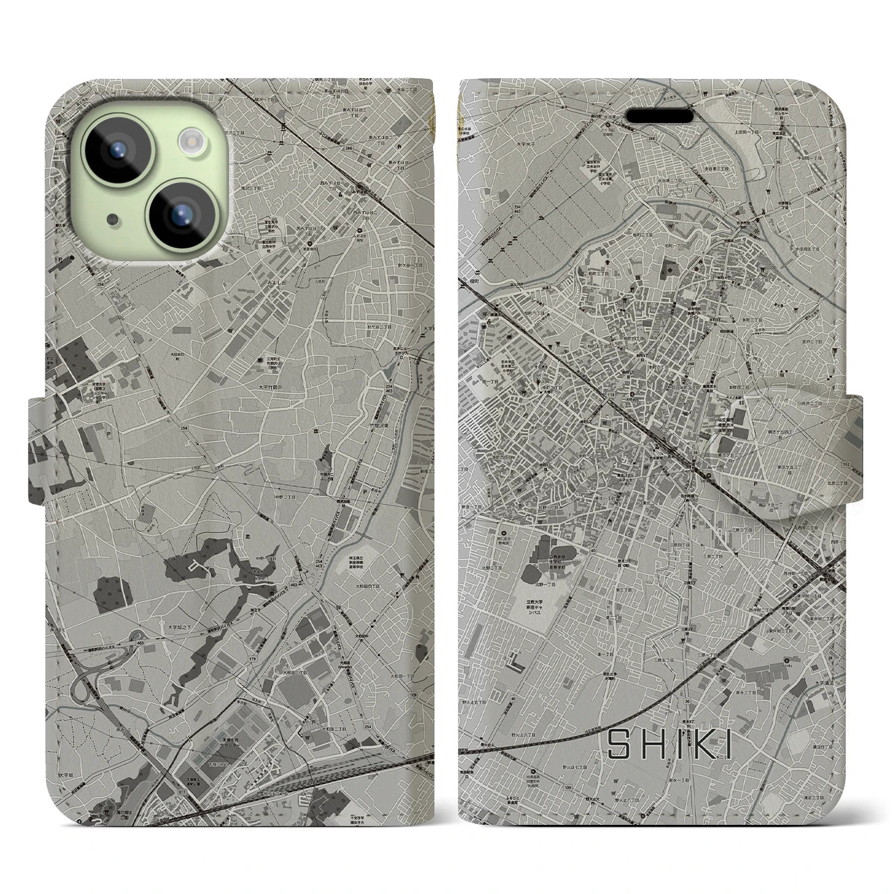 【志木(埼玉県)】地図柄iPhoneケース(手帳タイプ)モノトーン・iPhone 15 用