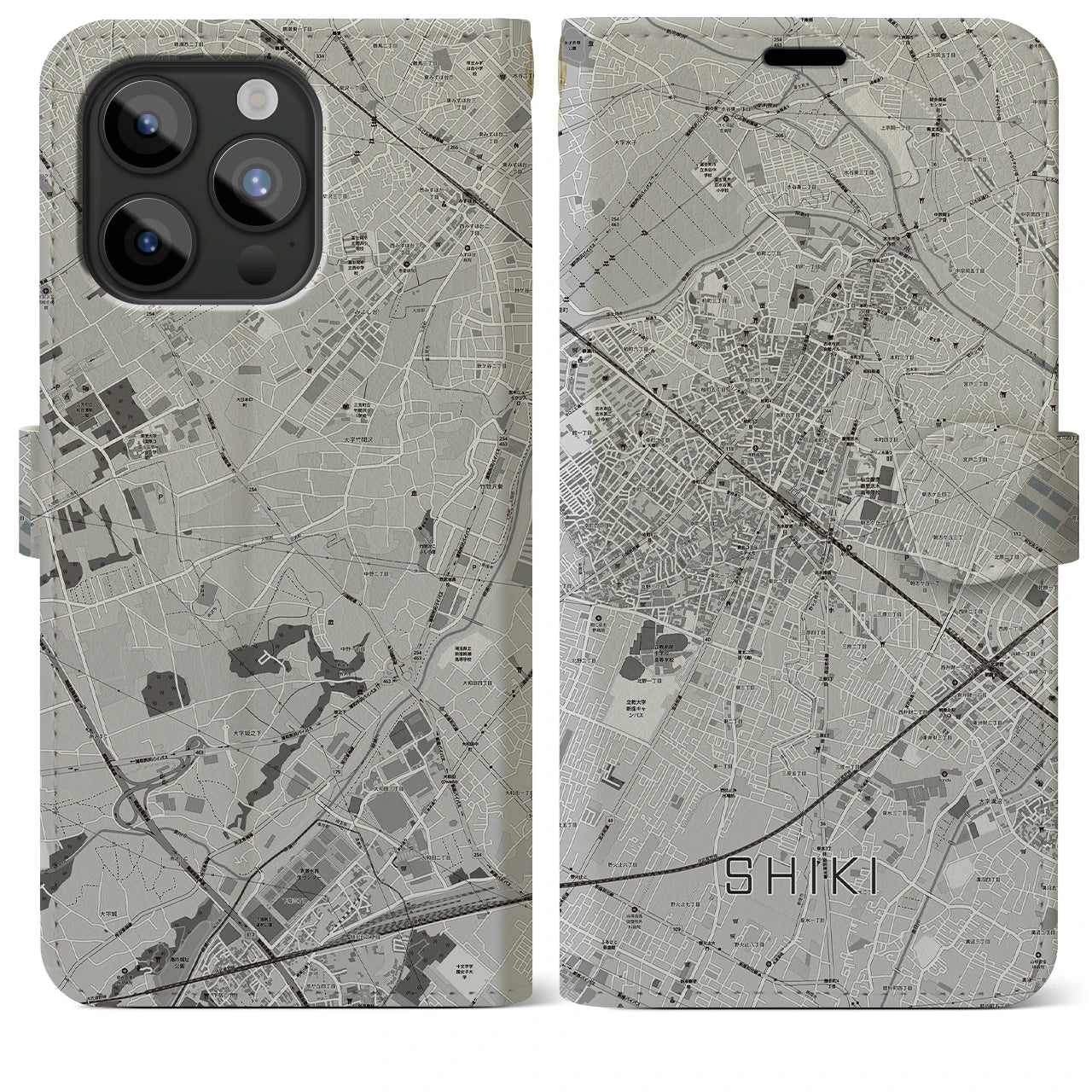 【志木(埼玉県)】地図柄iPhoneケース(手帳タイプ)モノトーン・iPhone 15 Pro Max 用