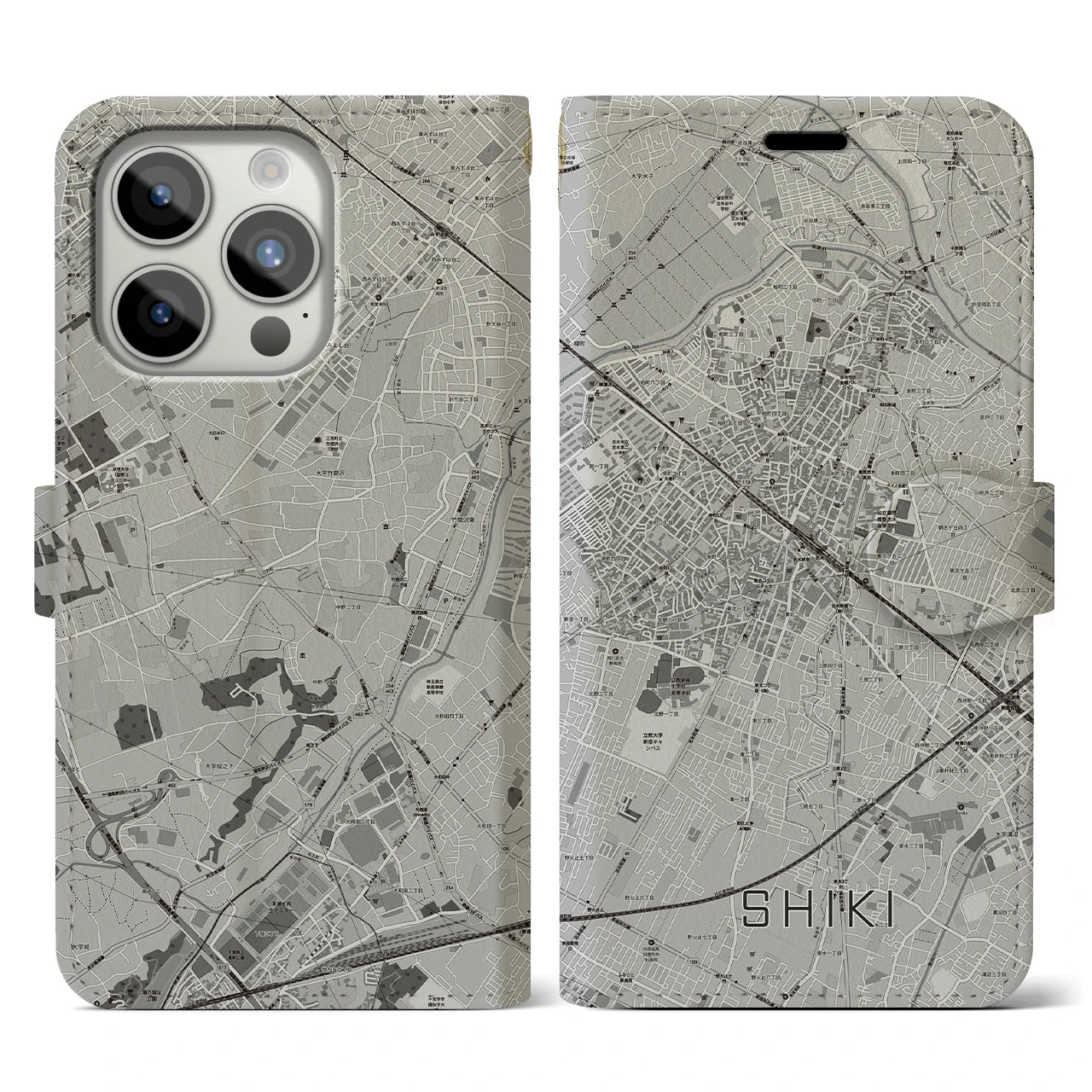 【志木(埼玉県)】地図柄iPhoneケース(手帳タイプ)モノトーン・iPhone 15 Pro 用