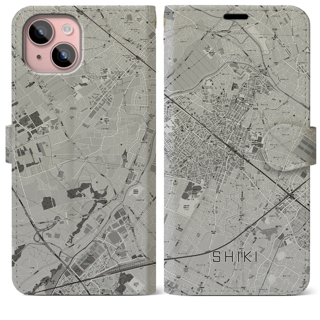 【志木(埼玉県)】地図柄iPhoneケース(手帳タイプ)モノトーン・iPhone 15 Plus 用