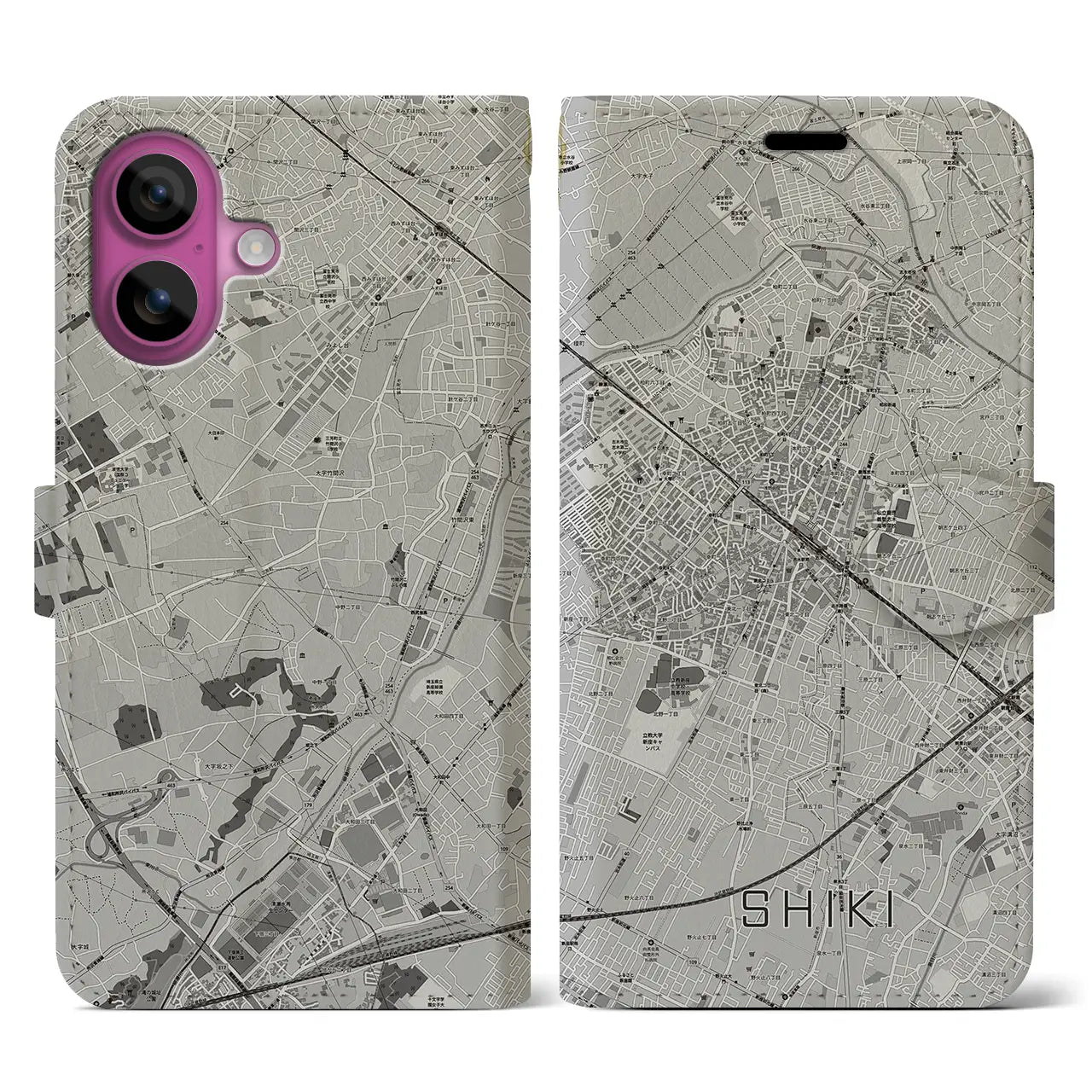 【志木(埼玉県)】地図柄iPhoneケース(手帳タイプ)モノトーン・iPhone 16 Pro 用