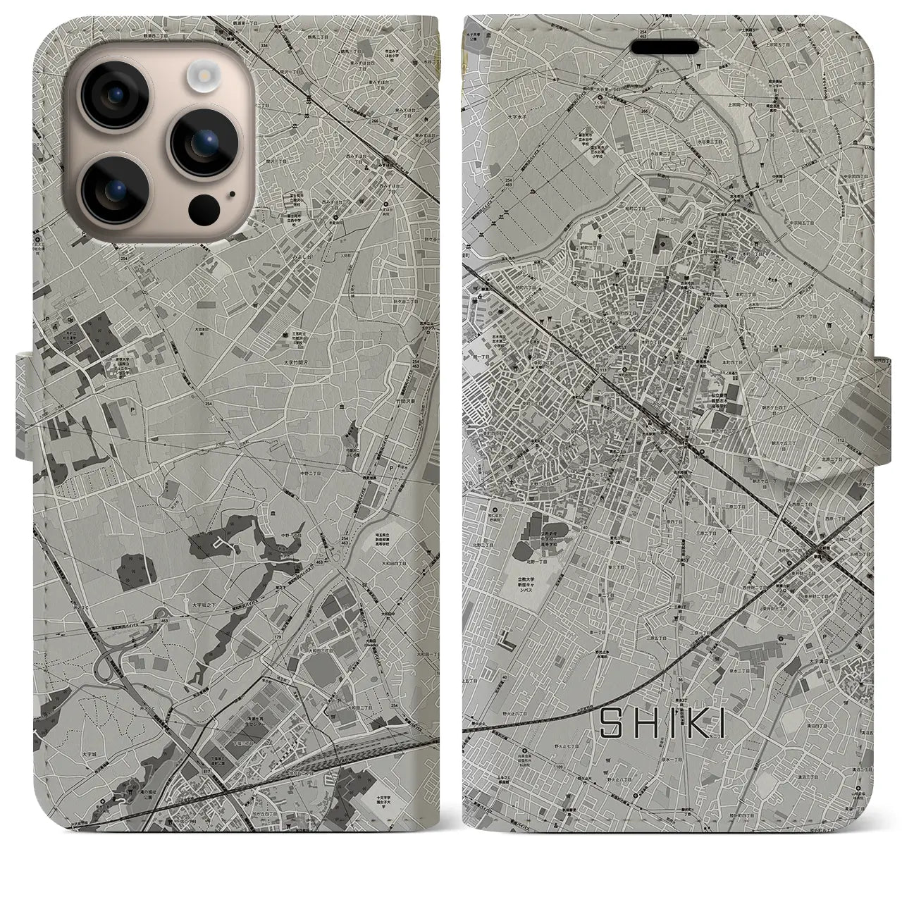 【志木(埼玉県)】地図柄iPhoneケース(手帳タイプ)モノトーン・iPhone 16 Plus 用