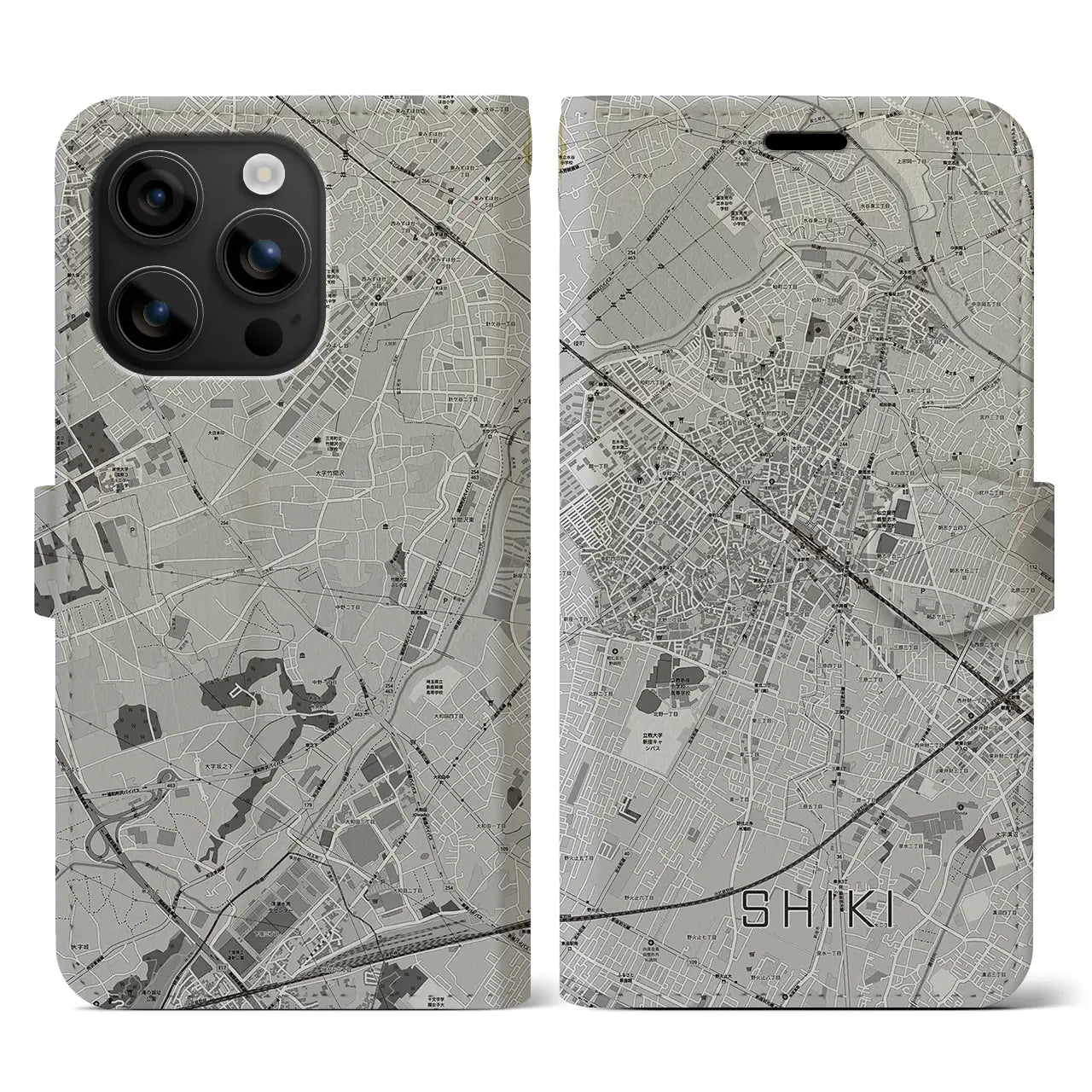 【志木(埼玉県)】地図柄iPhoneケース(手帳タイプ)モノトーン・iPhone 16 用