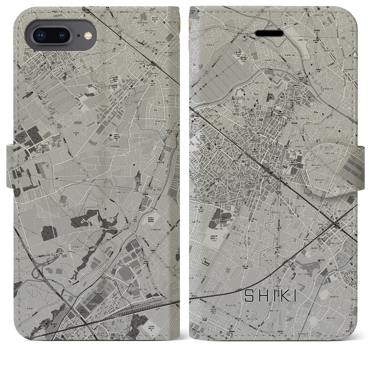 【志木(埼玉県)】地図柄iPhoneケース(手帳タイプ)モノトーン・iPhone 8Plus /7Plus / 6sPlus / 6Plus 用