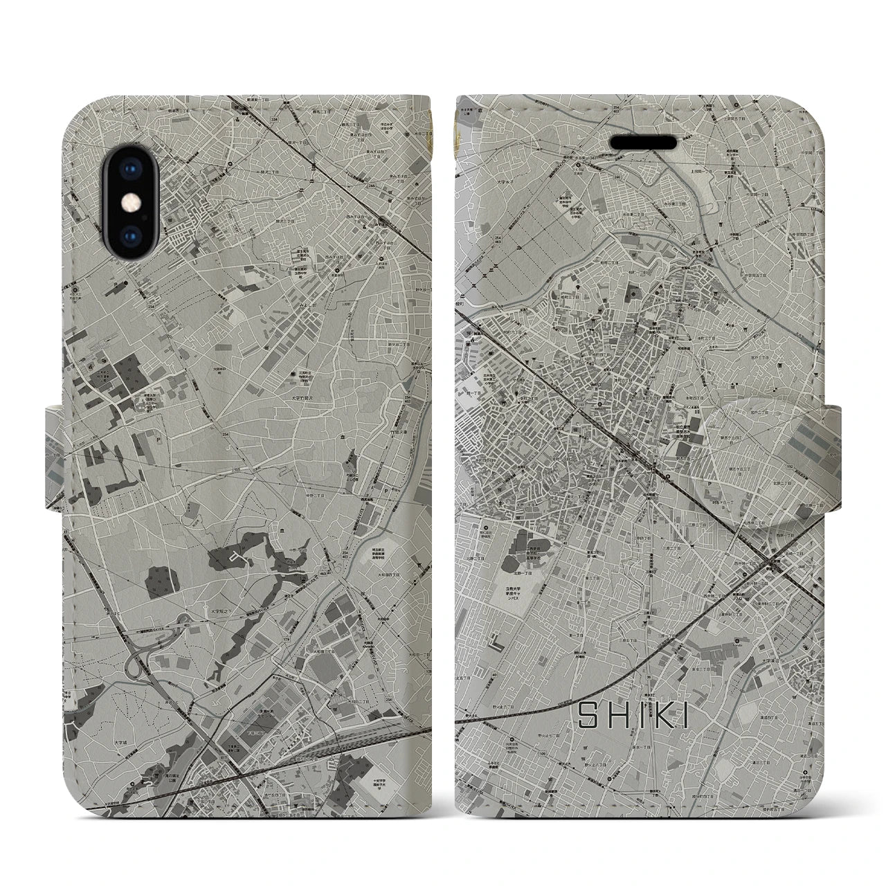 【志木(埼玉県)】地図柄iPhoneケース(手帳タイプ)モノトーン・iPhone XS / X 用