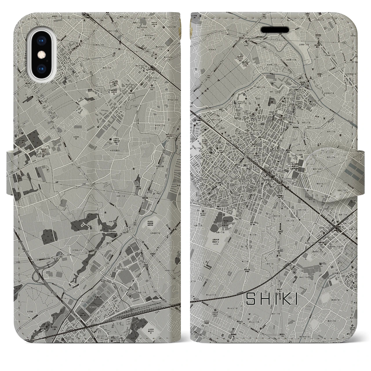 【志木(埼玉県)】地図柄iPhoneケース(手帳タイプ)モノトーン・iPhone XS Max 用