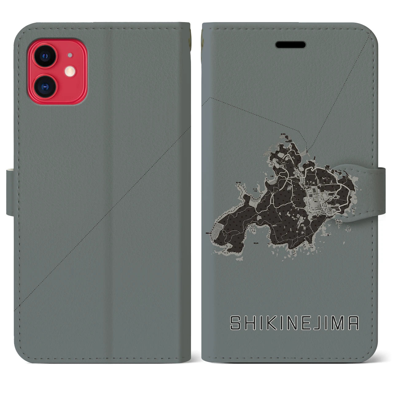 【式根島(東京都)】地図柄iPhoneケース(手帳タイプ)モノトーン・iPhone 11 用