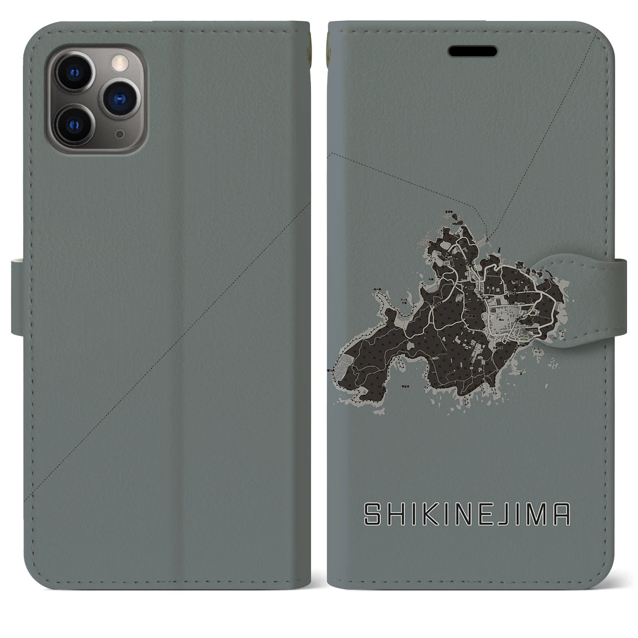 【式根島(東京都)】地図柄iPhoneケース(手帳タイプ)モノトーン・iPhone 11 Pro Max 用