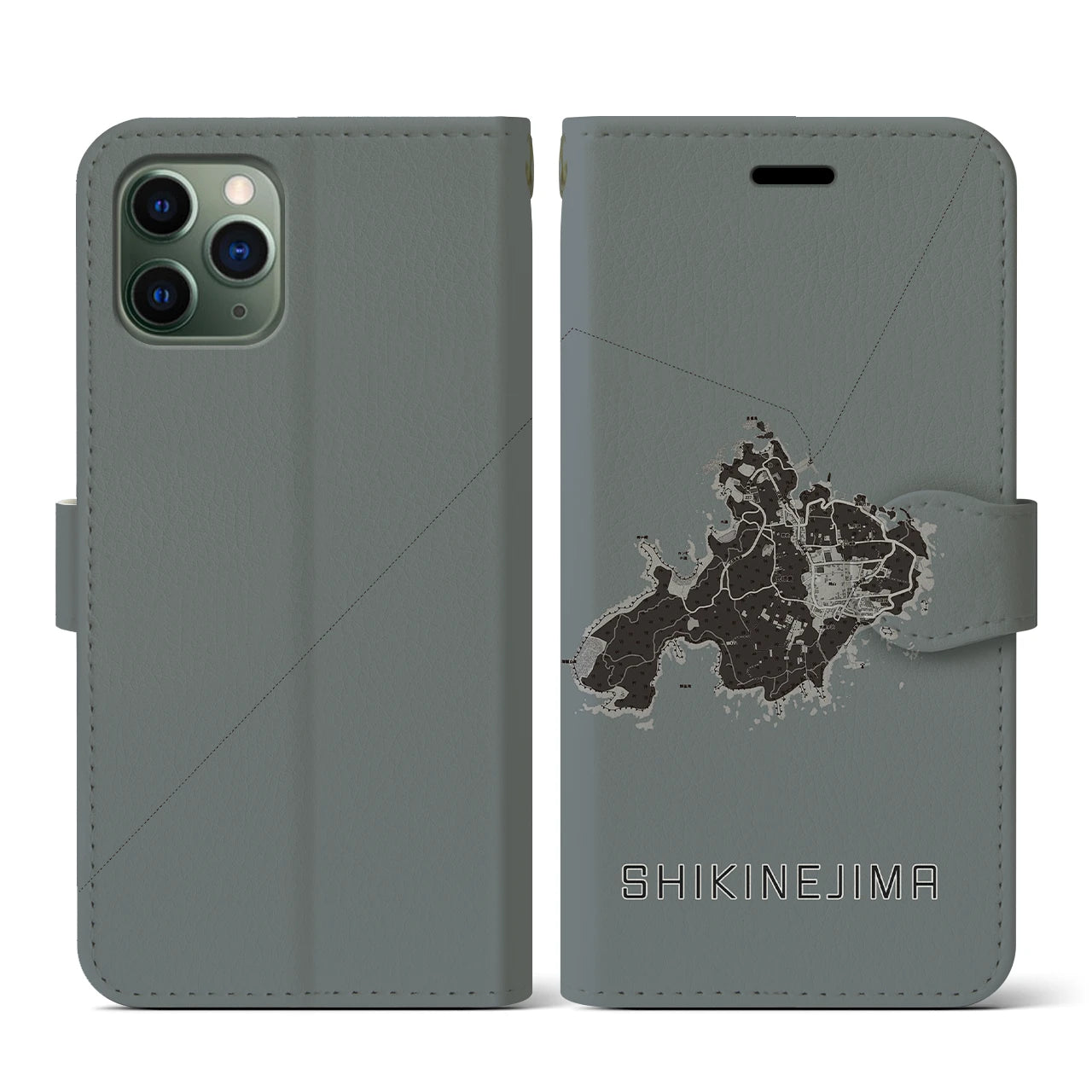【式根島(東京都)】地図柄iPhoneケース(手帳タイプ)モノトーン・iPhone 11 Pro 用