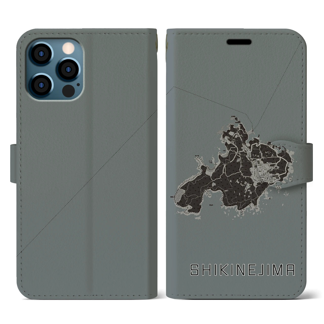 【式根島(東京都)】地図柄iPhoneケース(手帳タイプ)モノトーン・iPhone 12 / 12 Pro 用