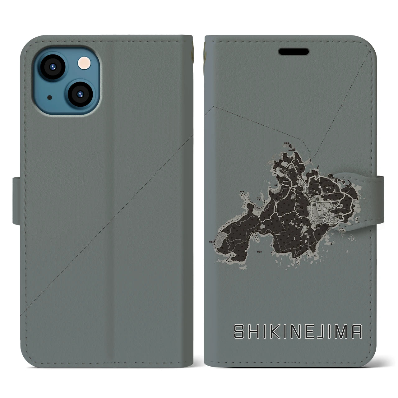 【式根島(東京都)】地図柄iPhoneケース(手帳タイプ)モノトーン・iPhone 13 用