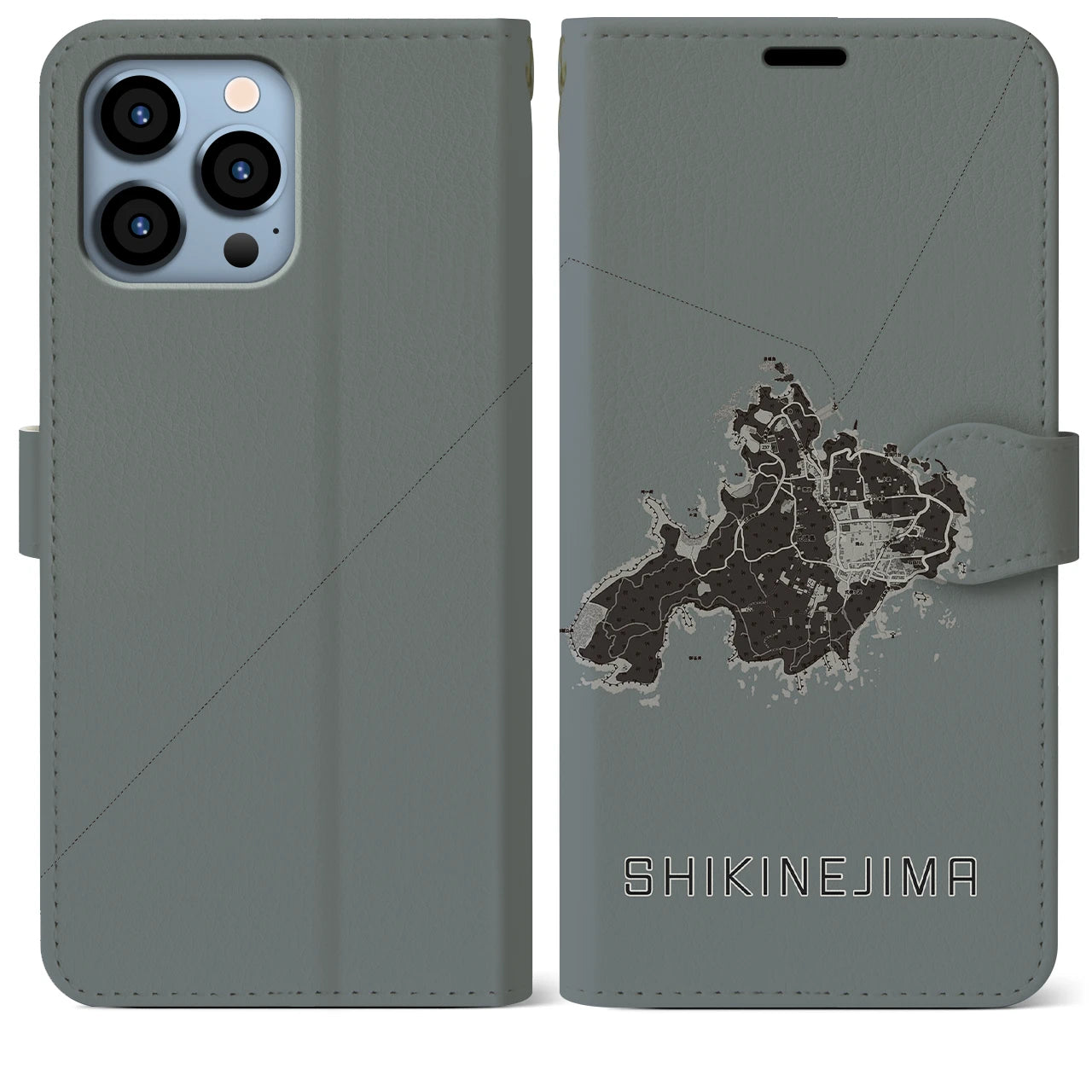【式根島(東京都)】地図柄iPhoneケース(手帳タイプ)モノトーン・iPhone 13 Pro Max 用
