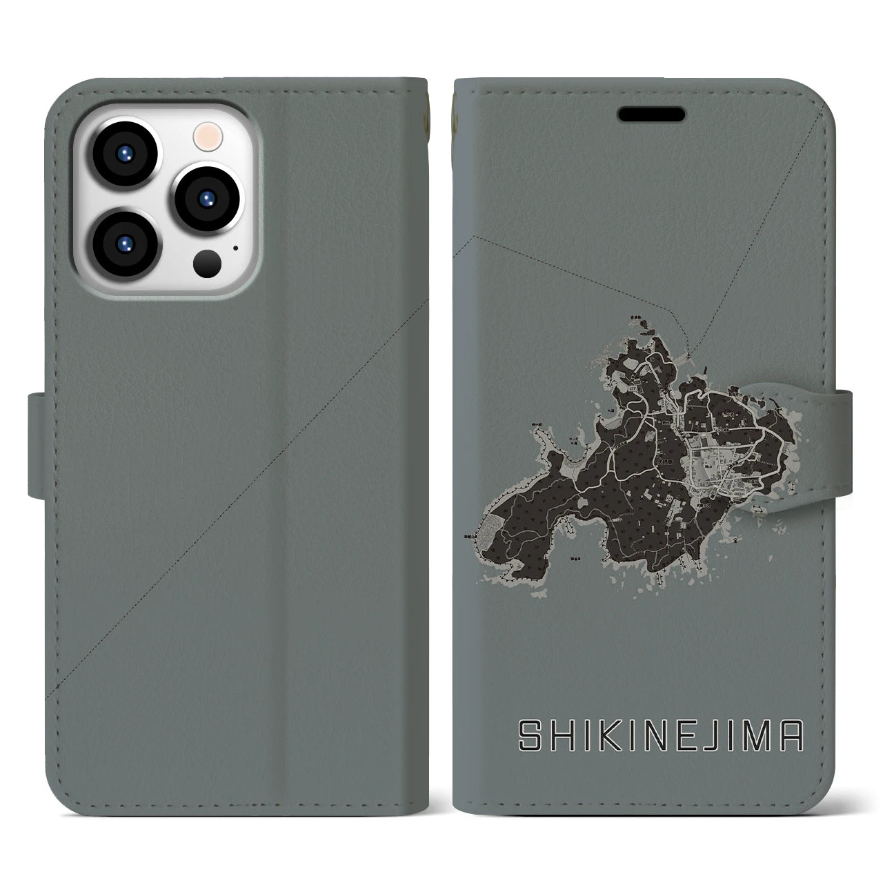 【式根島(東京都)】地図柄iPhoneケース(手帳タイプ)モノトーン・iPhone 13 Pro 用