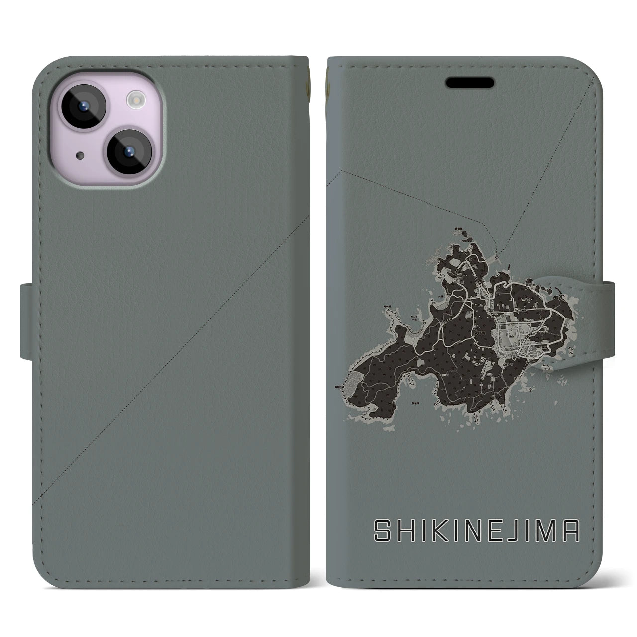 【式根島(東京都)】地図柄iPhoneケース(手帳タイプ)モノトーン・iPhone 14 用