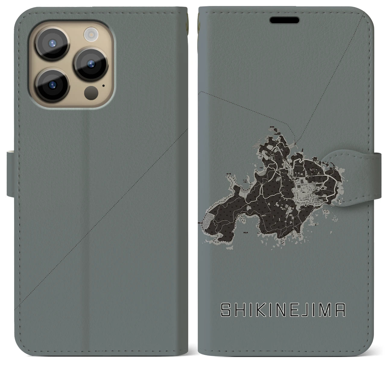 【式根島(東京都)】地図柄iPhoneケース(手帳タイプ)モノトーン・iPhone 14 Pro Max 用