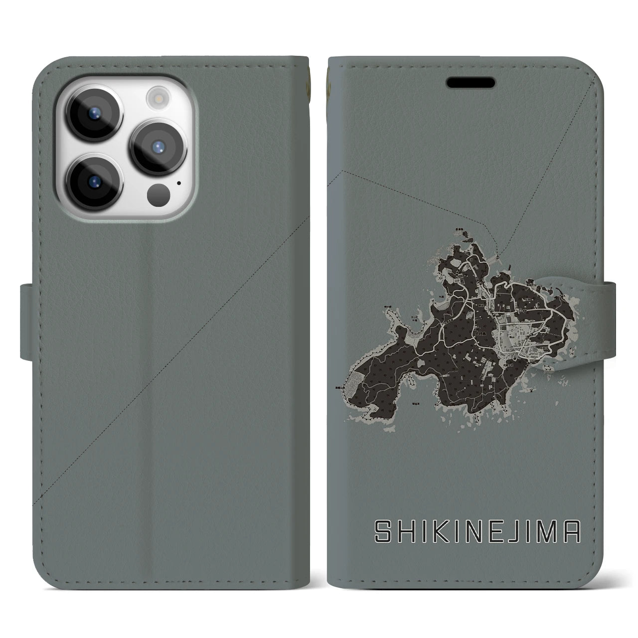 【式根島(東京都)】地図柄iPhoneケース(手帳タイプ)モノトーン・iPhone 14 Pro 用