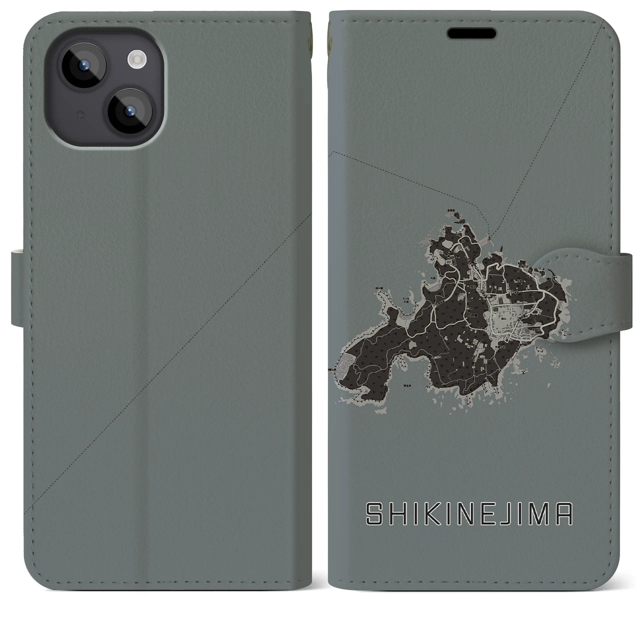 【式根島(東京都)】地図柄iPhoneケース(手帳タイプ)モノトーン・iPhone 14 Plus 用