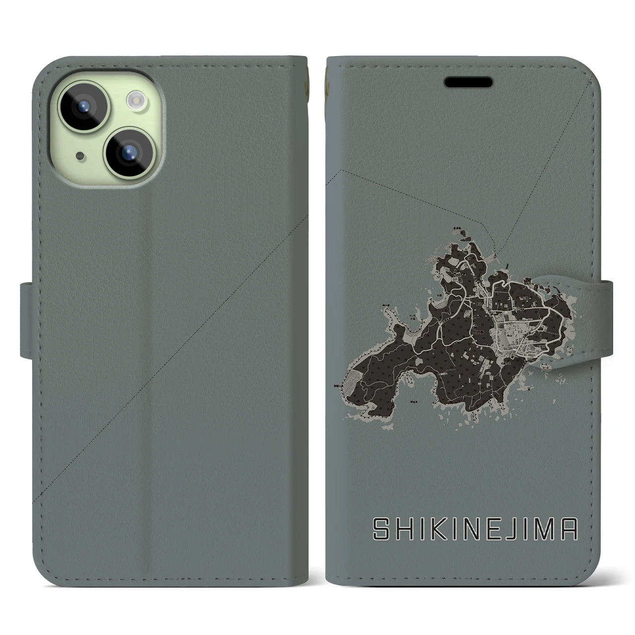 【式根島(東京都)】地図柄iPhoneケース(手帳タイプ)モノトーン・iPhone 15 用
