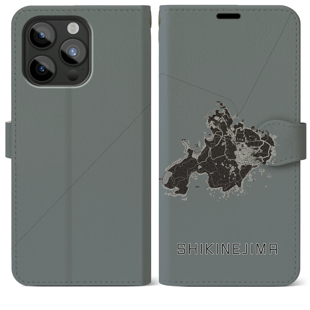 【式根島(東京都)】地図柄iPhoneケース(手帳タイプ)モノトーン・iPhone 15 Pro Max 用