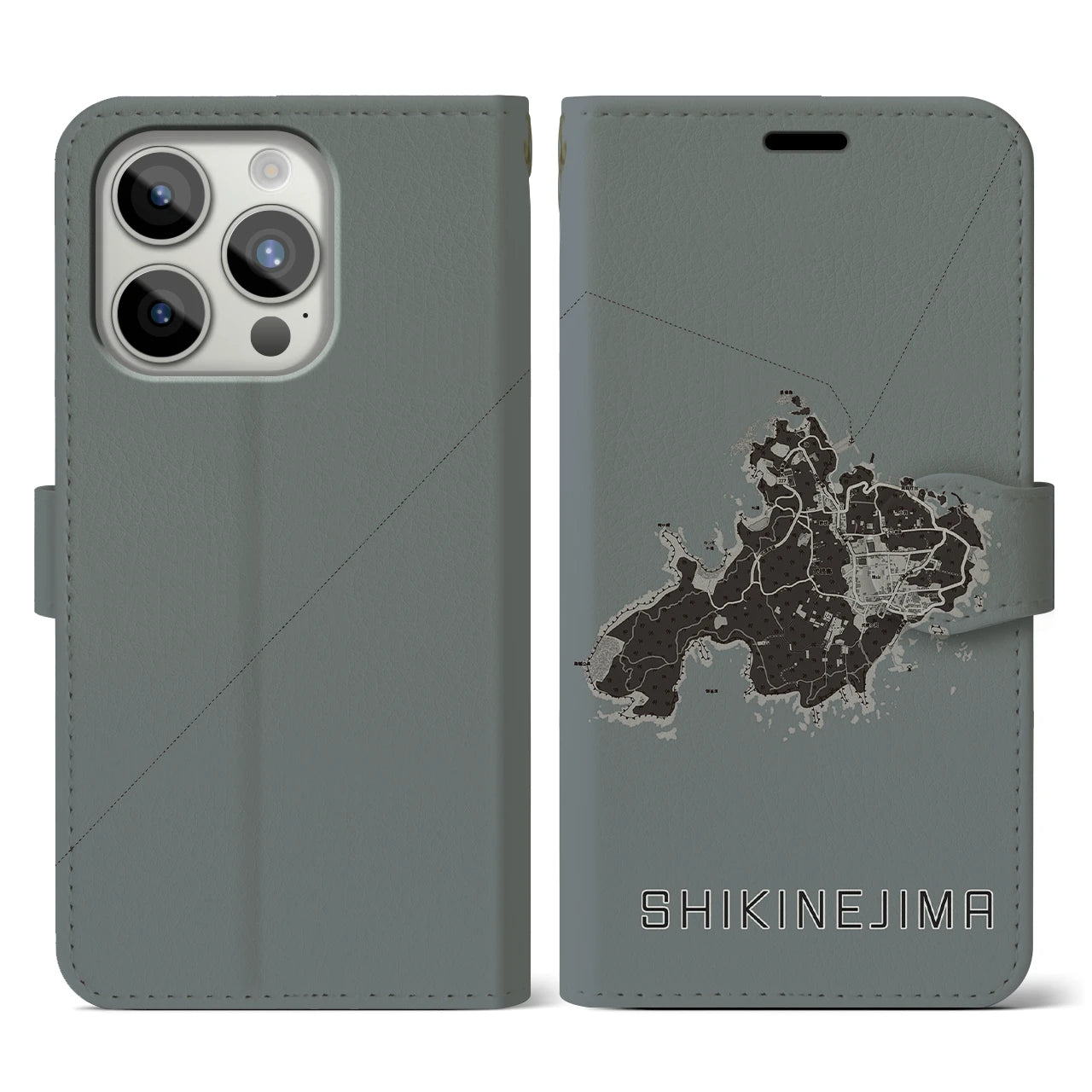 【式根島(東京都)】地図柄iPhoneケース(手帳タイプ)モノトーン・iPhone 15 Pro 用