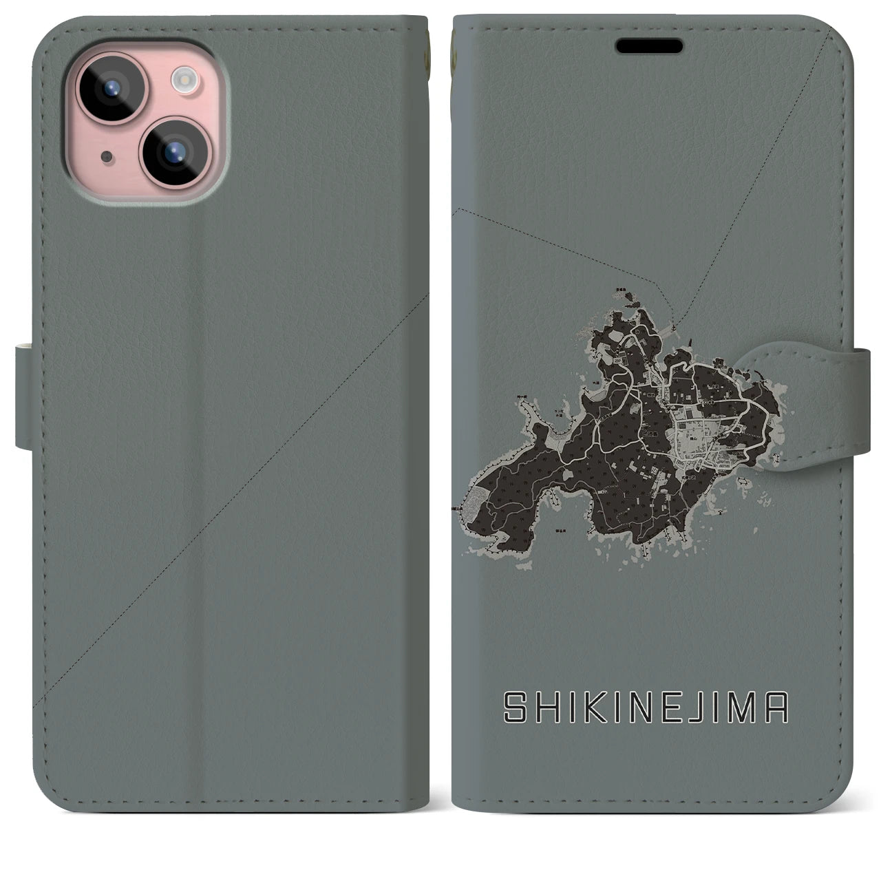 【式根島(東京都)】地図柄iPhoneケース(手帳タイプ)モノトーン・iPhone 15 Plus 用