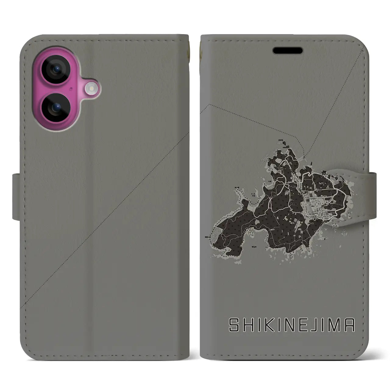 【式根島(東京都)】地図柄iPhoneケース(手帳タイプ)モノトーン・iPhone 16 Pro 用