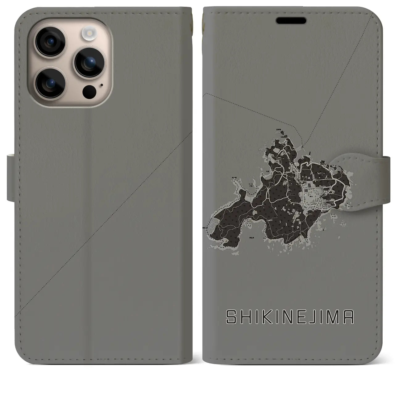 【式根島(東京都)】地図柄iPhoneケース(手帳タイプ)モノトーン・iPhone 16 Plus 用