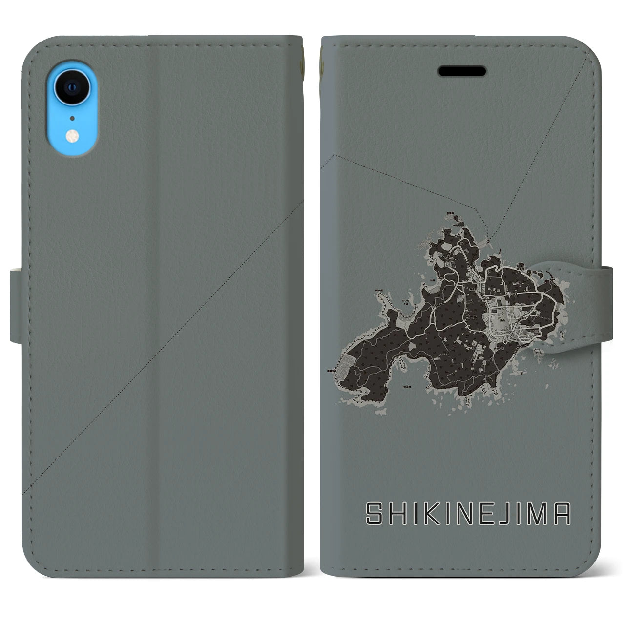 【式根島(東京都)】地図柄iPhoneケース(手帳タイプ)モノトーン・iPhone XR 用