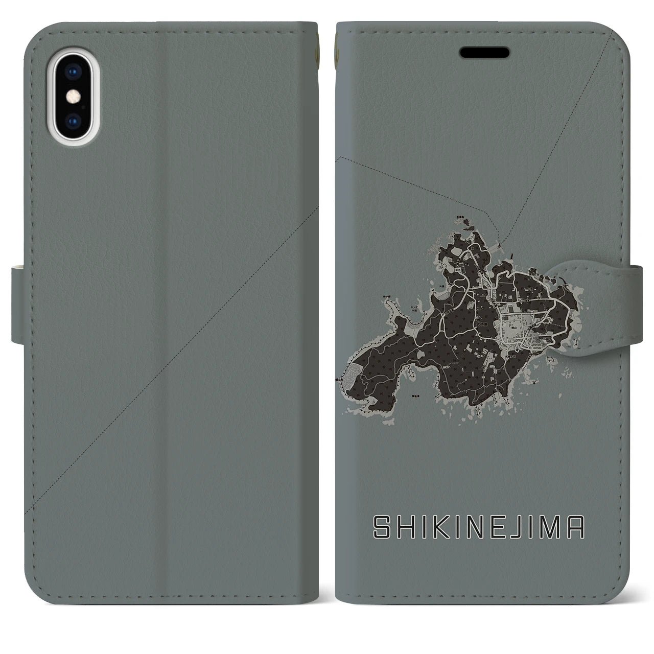 【式根島(東京都)】地図柄iPhoneケース(手帳タイプ)モノトーン・iPhone XS Max 用