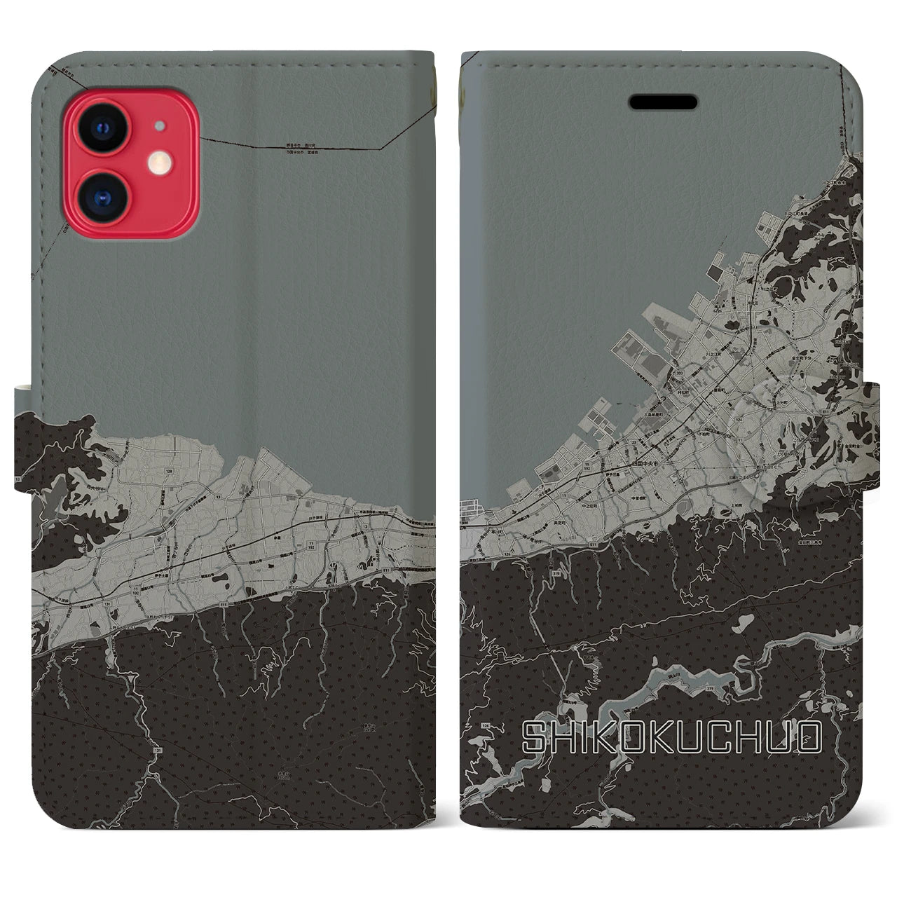 【四国中央(愛媛県)】地図柄iPhoneケース(手帳タイプ)モノトーン・iPhone 11 用