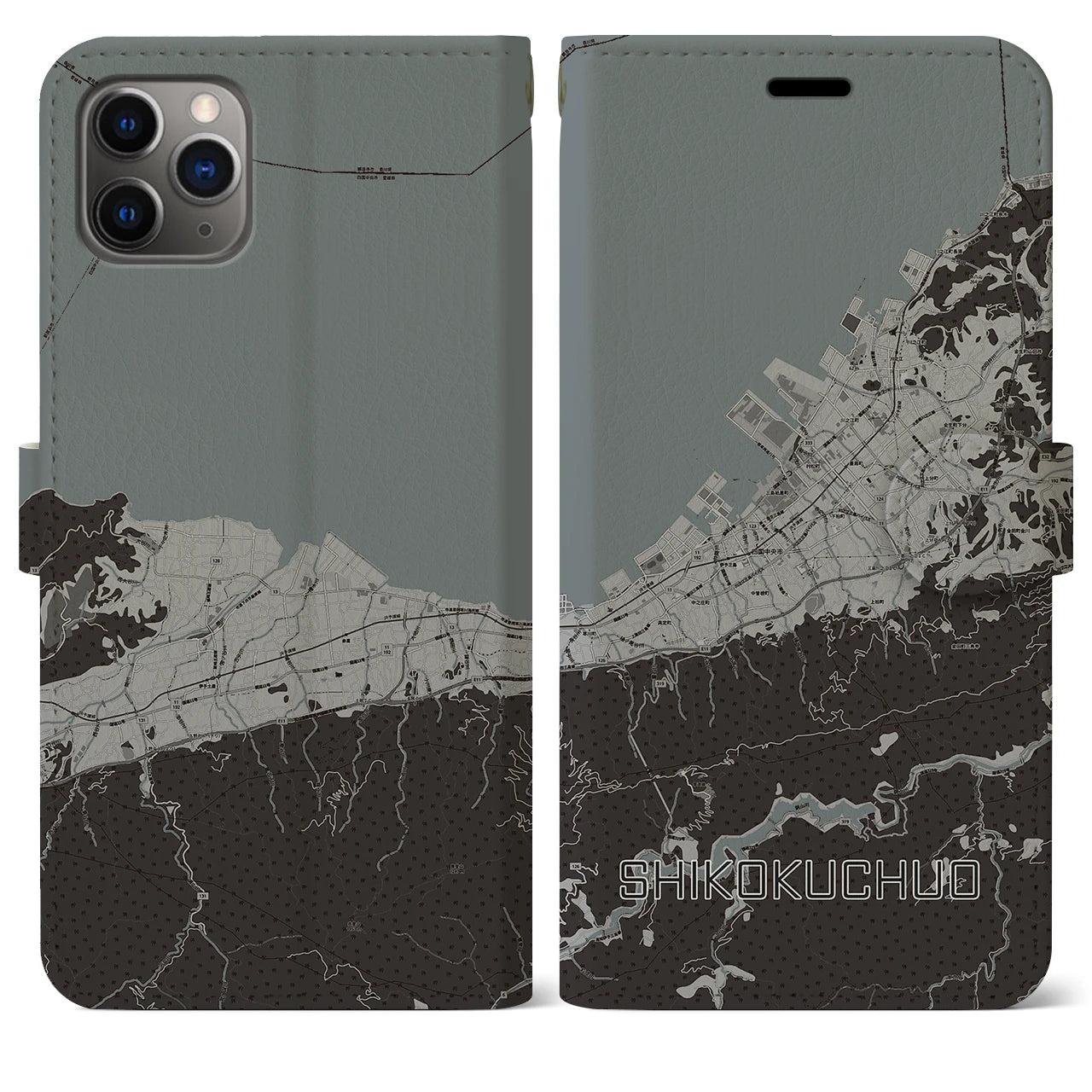 【四国中央(愛媛県)】地図柄iPhoneケース(手帳タイプ)モノトーン・iPhone 11 Pro Max 用