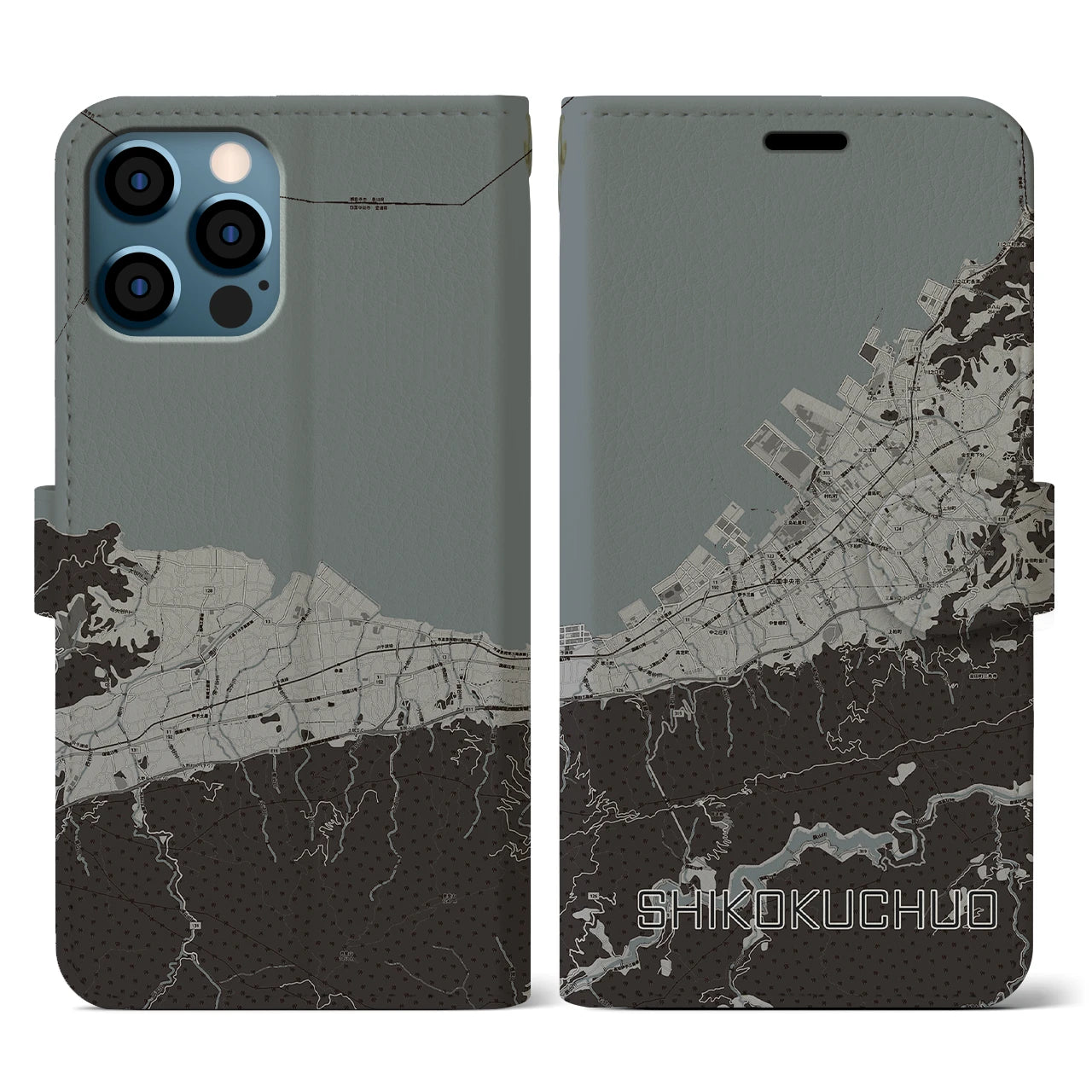 【四国中央(愛媛県)】地図柄iPhoneケース(手帳タイプ)モノトーン・iPhone 12 / 12 Pro 用