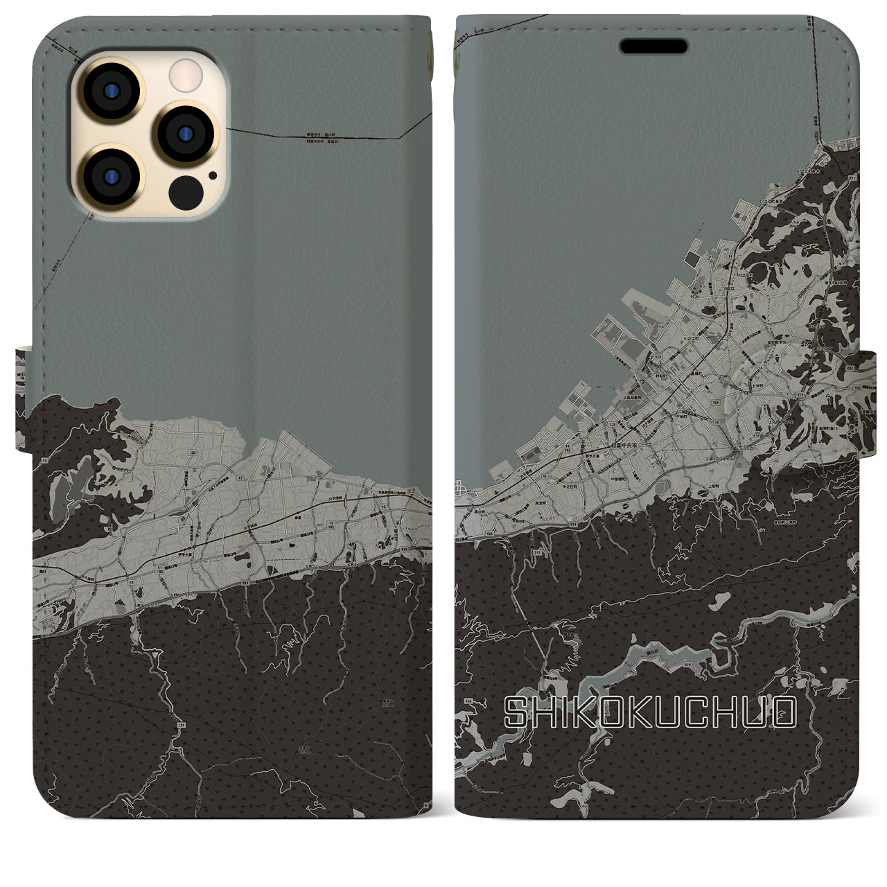 【四国中央(愛媛県)】地図柄iPhoneケース(手帳タイプ)モノトーン・iPhone 12 Pro Max 用